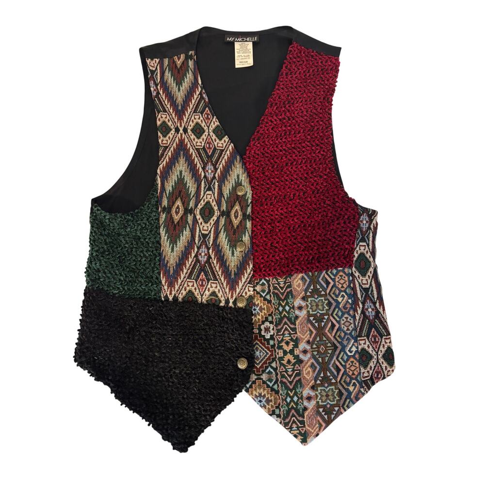 My Michelle Women's Size M Tapestry Patchwork Vest Textured Boucle Vintage 90s